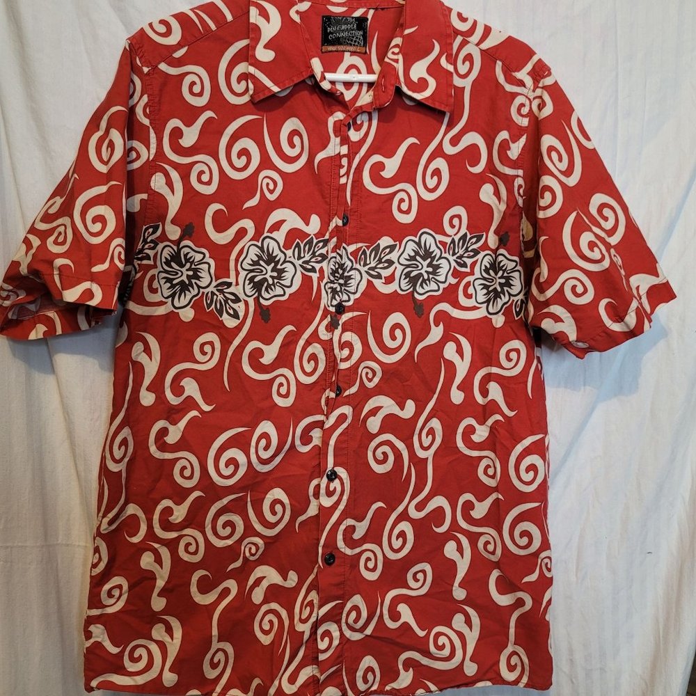 Pineapple Connection Hawaiian Print Shirt Floral Red White Gray Size L